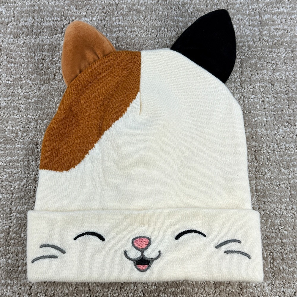 Squishmallows Youth OSFM Cat Ear Knit‎ Beanie Hat White Calico Kitty Face